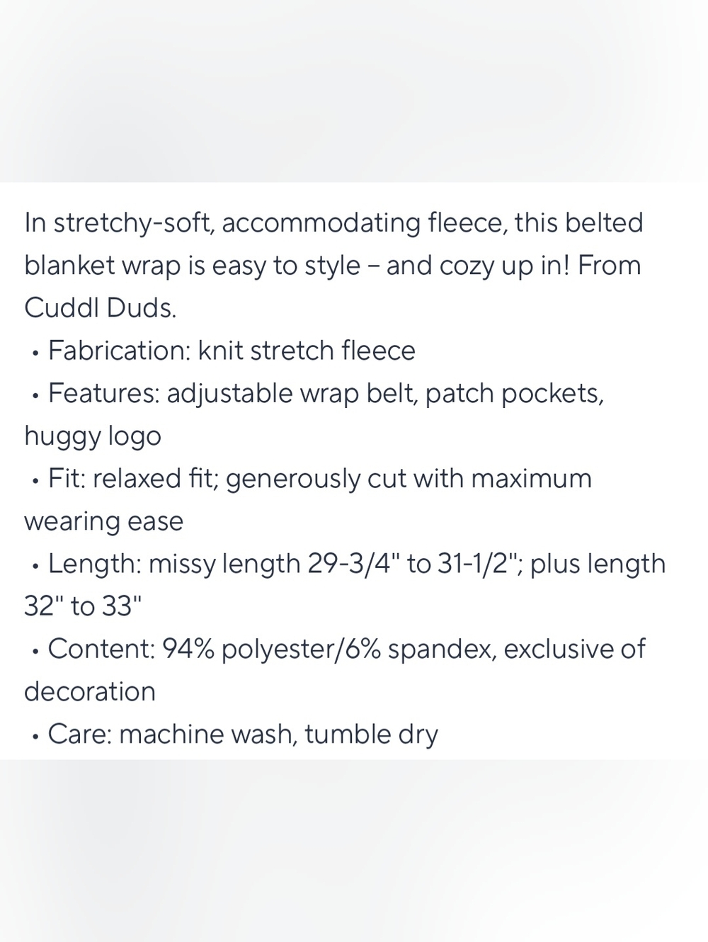 Cuddl Duds Fleece With Stretch Belted Blanket Wrap Size Small NWT - Picture 5 of 9